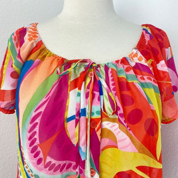 Colorful Sheer Chiffon Boho Blouse Large Boho Bold Op Art Whimsy Festival Resort - Picture 2 of 8